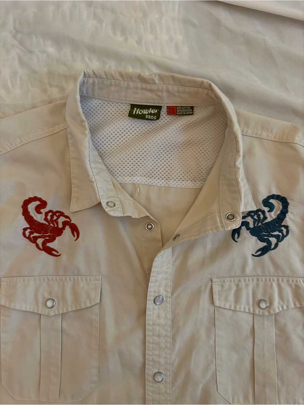 Howler Brothers Cream Button-Down Shirt with Red & Blue Scorpion Embroideries
